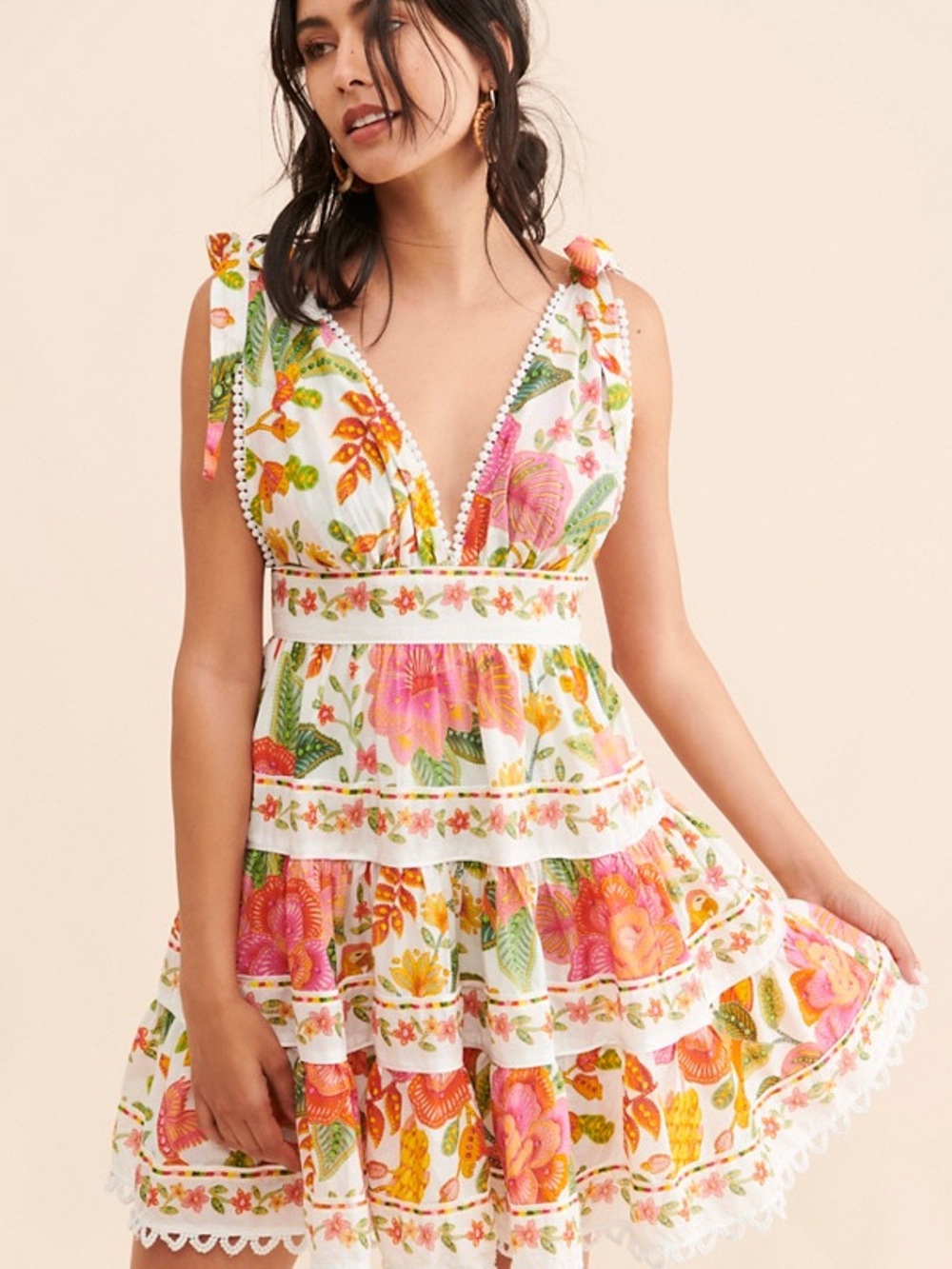 FARM Rio Cotton White Floral Mini Dress with Pink, Orange and Green Print